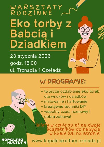 Plakat wydarzenia: Warsztaty rodzinne: Eko torby z Babcią i Dziadkiem 